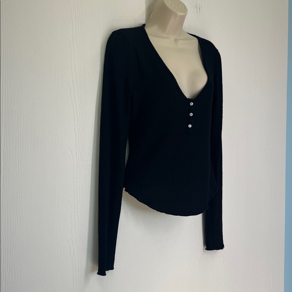 Free People - Intimately Keep It Basic Black Ribbed Soft Henley Blouse Small - Picture 3 of 10